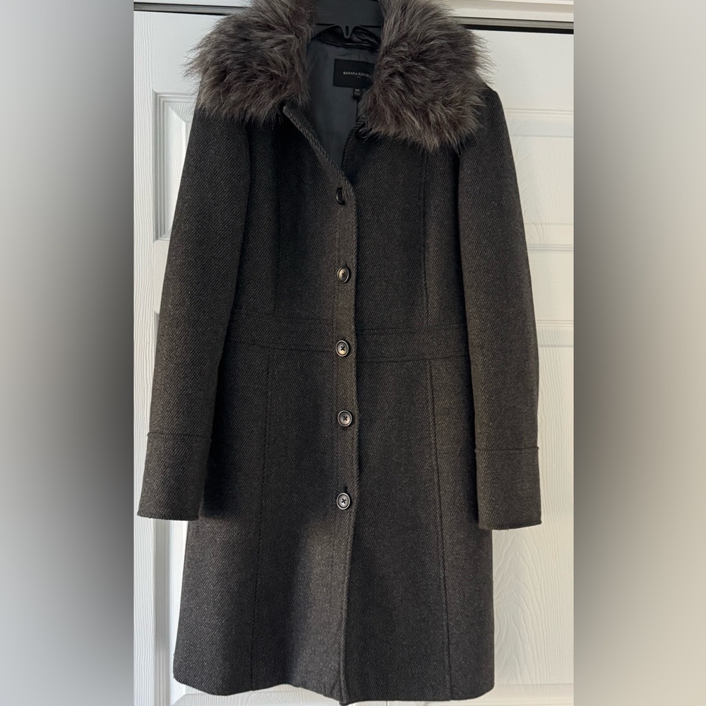 Banana Republic Factory Charcoal/Black Coat with Faux Fur Trim